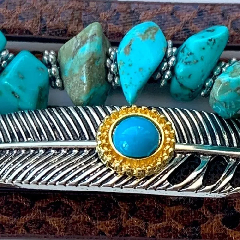 Western Multi-Strabd Cuff Brown Vegan Leather Bracelet Turquoise Accents